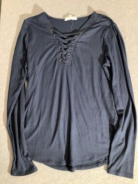 Pink Rose Navy Ribbed Long-Sleeve Lace-Up Top